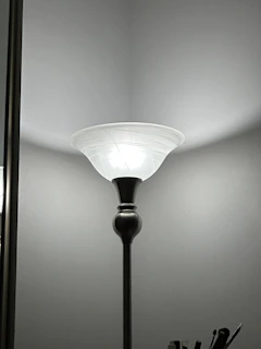 A tall arc floor lamp with a curved black stand and a white dome shade brightening a living room corner.