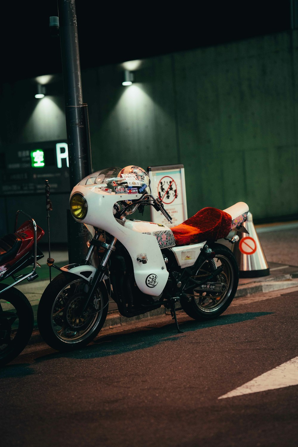 a motorcycle parked on the side of the road