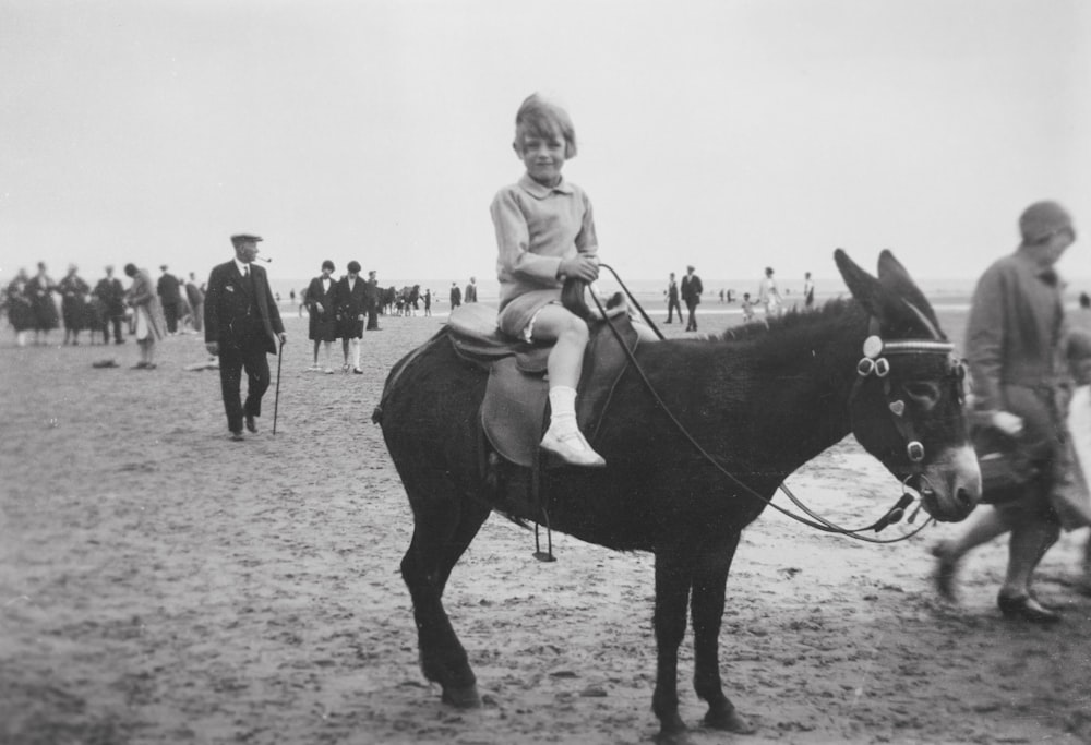 a little girl riding on the back of a black horse