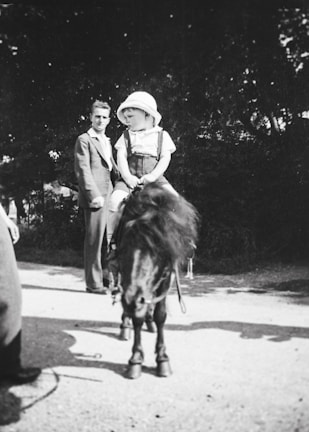 A child playing with mini ponies in a sunny garden.