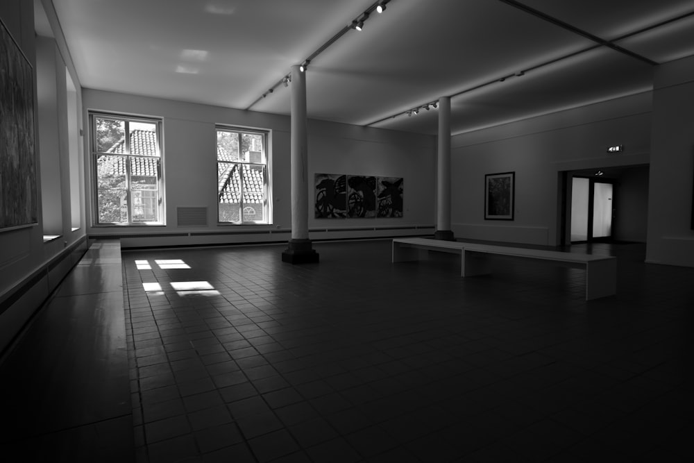 a black and white photo of an empty room