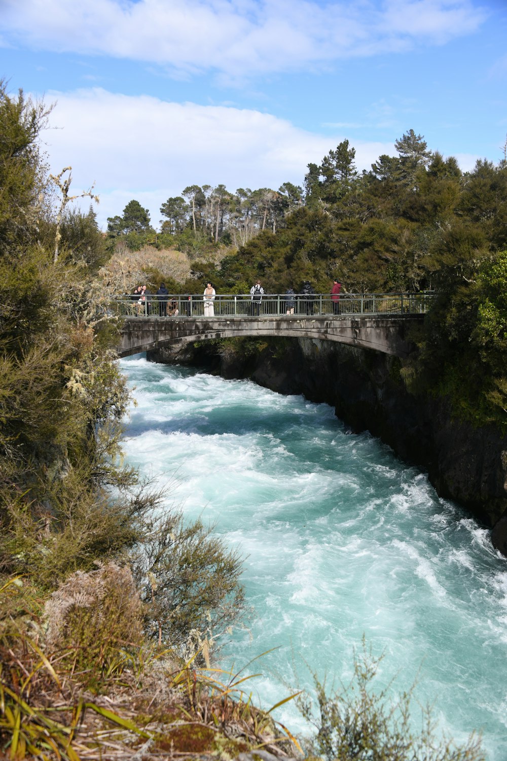 people are walking over a bridge over a river