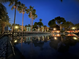 A nighttime poolside scene featuring palm trees and a dimly lit building in the background. The reflections of lights and trees are visible on the still water surface, creating a serene atmosphere. Lounge chairs line the poolside under a deep blue evening sky.