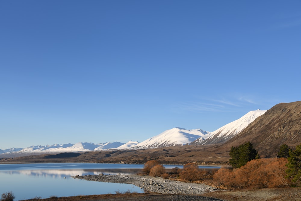 a lake surrounded by snow covered mountains