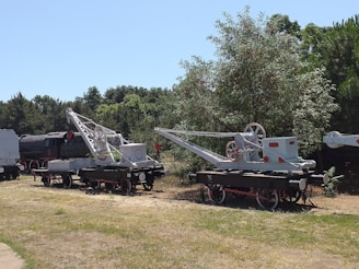 Two vintage railway cranes are placed on a grassy area surrounded by trees. The cranes have large wheels and mechanical components, and one of them is positioned on tracks alongside an old steam locomotive.