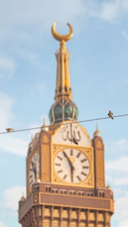 a clock tower with birds sitting on top of it