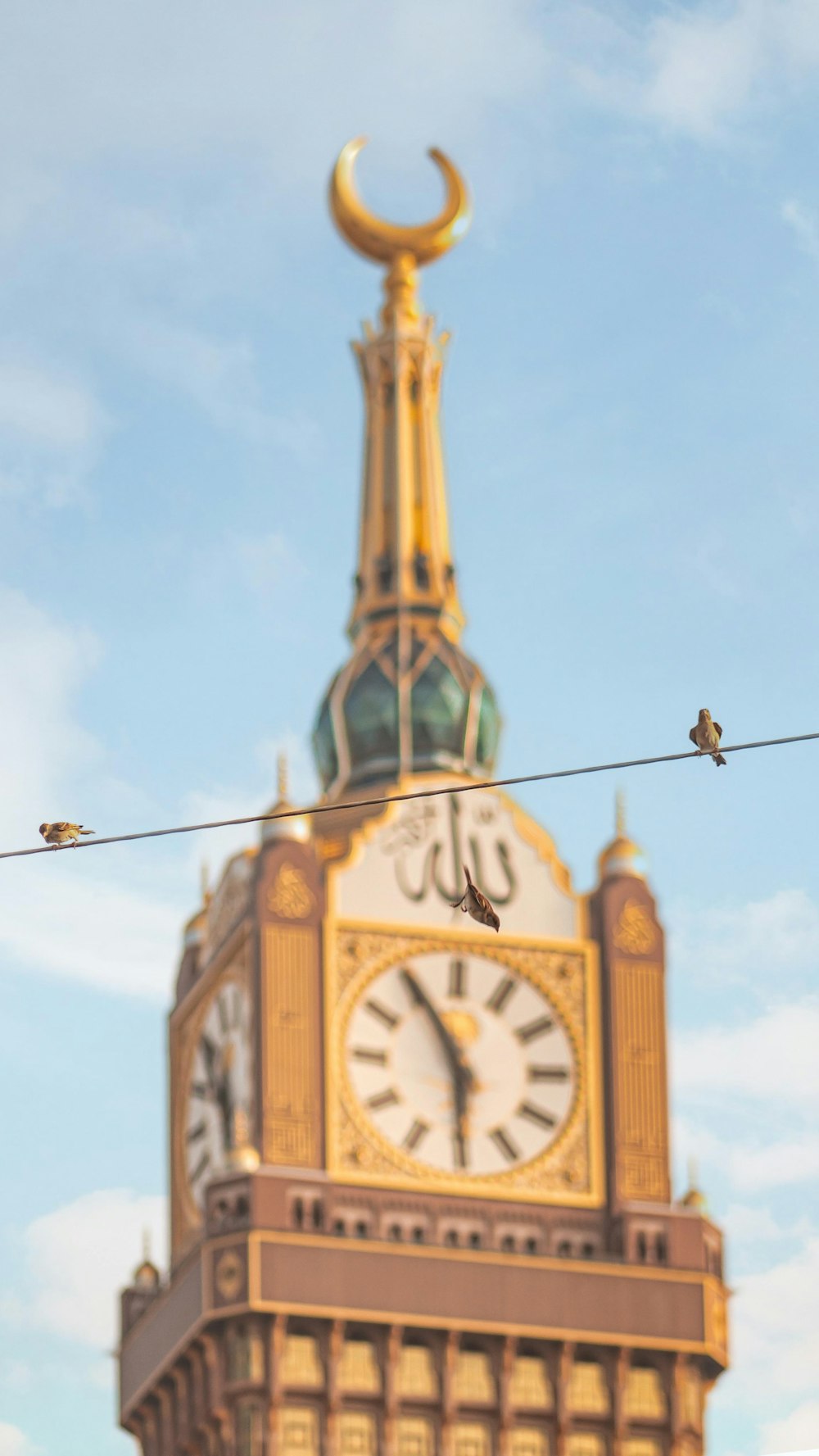 a clock tower with birds sitting on top of it