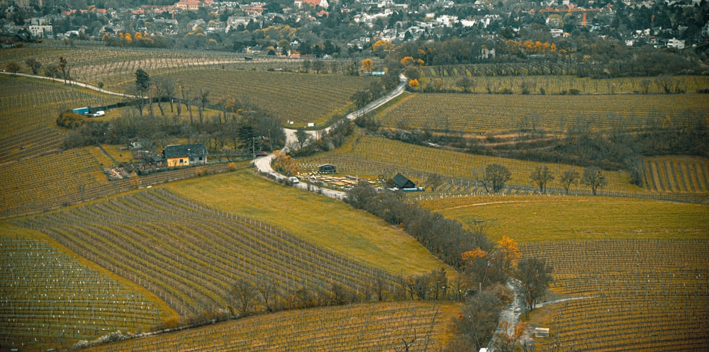 a train traveling through a rural countryside with a town in the background