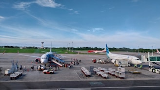 A friendly ground staff member assisting passengers near an airplane on the tarmac.