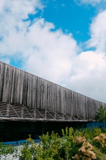 A modern building with a wooden facade and large glass windows is surrounded by lush green plants and shrubs. The sky overhead is bright blue with scattered white clouds, creating a vivid contrast with the building's natural materials.