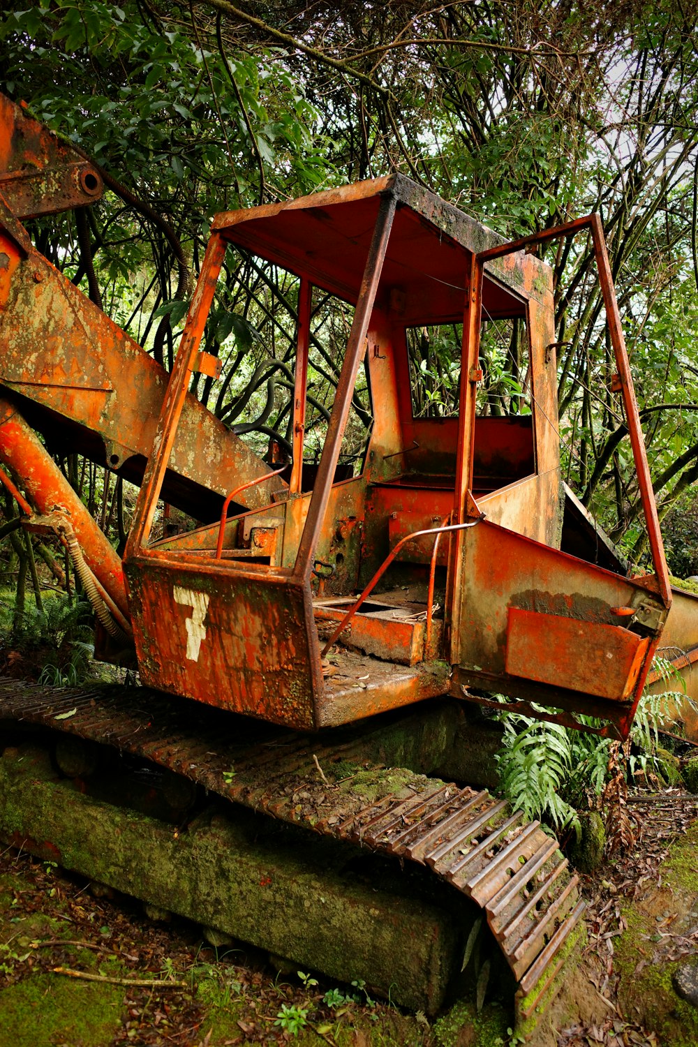 a rusted out bulldozer sitting in the woods