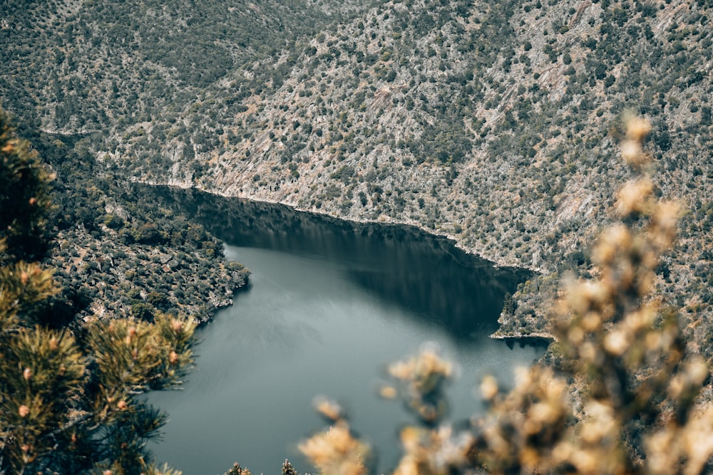 a lake in the middle of a mountain surrounded by trees