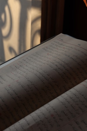 An open book with text in a foreign script is illuminated by soft, natural light coming through a window. The pages show a meticulous arrangement of lines and paragraphs, with some text highlighted in red. The shadow of a wrought iron balcony or window grille creates an intricate pattern on the book's surface.
