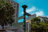 A street signpost with multiple directional signs in different languages, including English and Chinese, stands in an urban setting. The background features a tall building, lush green trees, and a bright blue sky with some clouds.