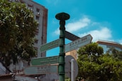 A street signpost with multiple directional signs in different languages, including English and Chinese, stands in an urban setting. The background features a tall building, lush green trees, and a bright blue sky with some clouds.