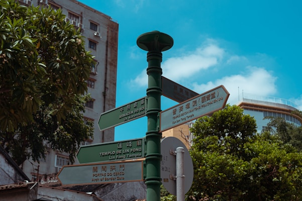 A street signpost with multiple directional signs in different languages, including English and Chinese, stands in an urban setting. The background features a tall building, lush green trees, and a bright blue sky with some clouds.
