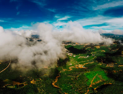An aerial view of lush green farm lands near Madurai with clear skies.