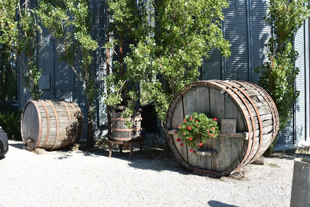 a couple of barrels sitting next to each other