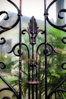 Ornate black iron gate with intricate scrollwork and a central leaf motif, slightly rusted. Behind the gate, green palm foliage and the blurred outline of a house are visible.