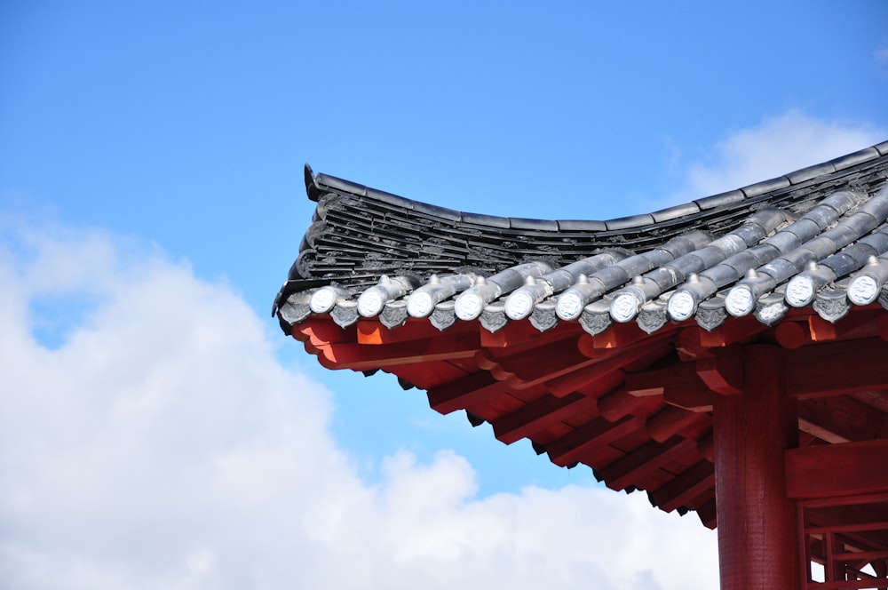 the roof of a building with a blue sky in the background