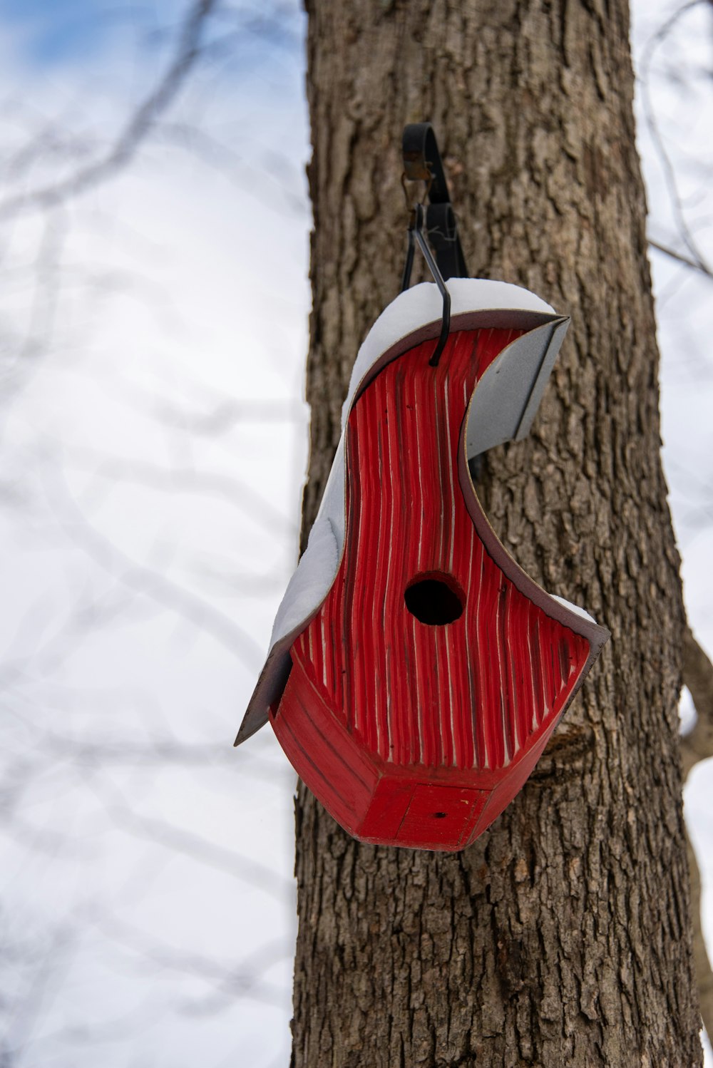 a red bird house hanging from a tree