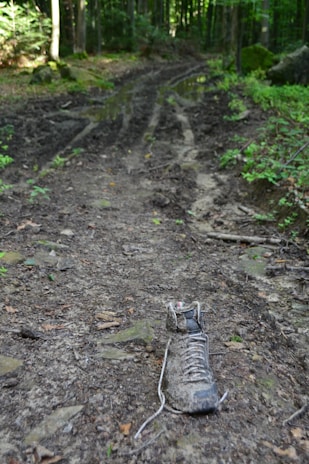 Close-up of worn leather boots on muddy trail, showing signs of many adventures.