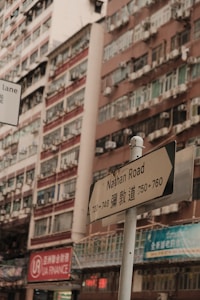 A complex of densely packed residential buildings with numerous air conditioning units mounted outside the windows. In the foreground, a street sign indicating Nathan Road is visible, written in both English and Chinese.