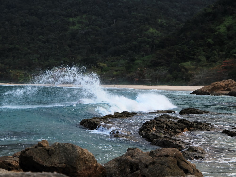 a wave crashes into the shore of a beach