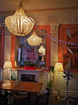 A stylish chandelier hanging in a modern living room.