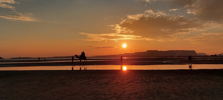 A serene sunset over the Sahara dunes with a lone camel caravan silhouetted against the golden sky.