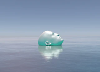 a blue and white plastic head floating in the ocean