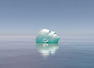 a blue and white plastic head floating in the ocean