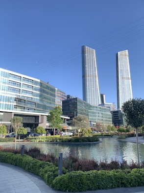 a view of a city from across a pond