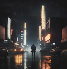 A moody, cinematic still of a character in a neon-lit cityscape, evoking a game atmosphere.