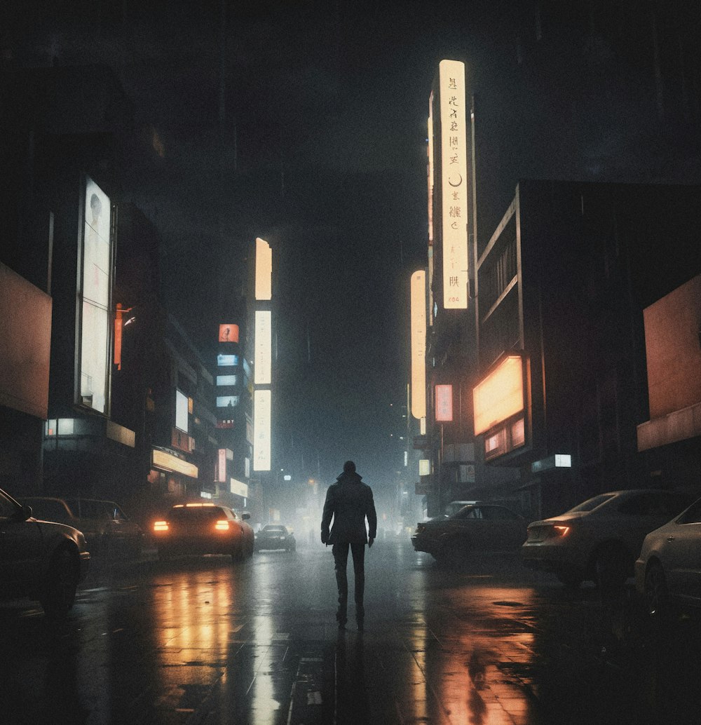 a man walking down a city street at night