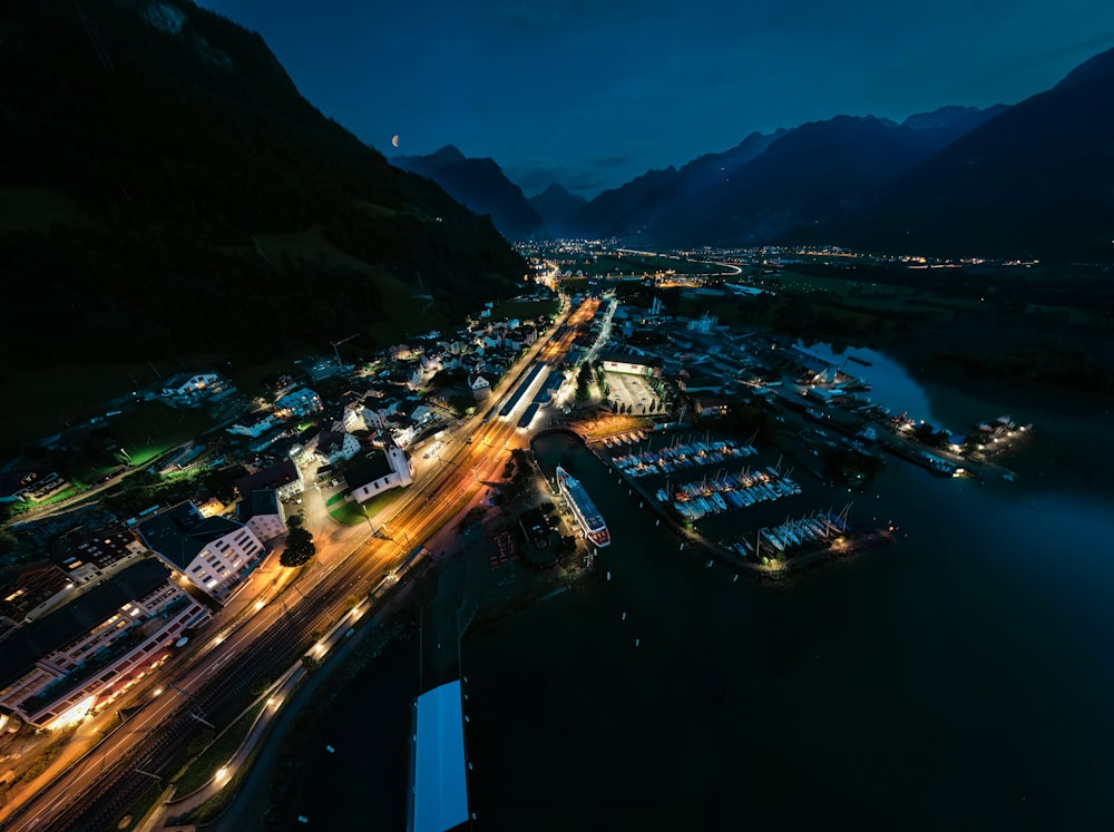 an aerial view of a city at night