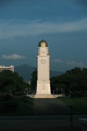a tall white clock tower sitting in the middle of a park