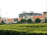 A shopping center with several retail store signs, including 'HAZZYS' and 'Anita Su'. There are modern buildings in the background and a neatly trimmed hedge and trees in the foreground. The sky is overcast, and there are streetlights along the path.