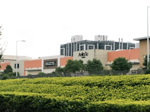 A shopping center with several retail store signs, including 'HAZZYS' and 'Anita Su'. There are modern buildings in the background and a neatly trimmed hedge and trees in the foreground. The sky is overcast, and there are streetlights along the path.
