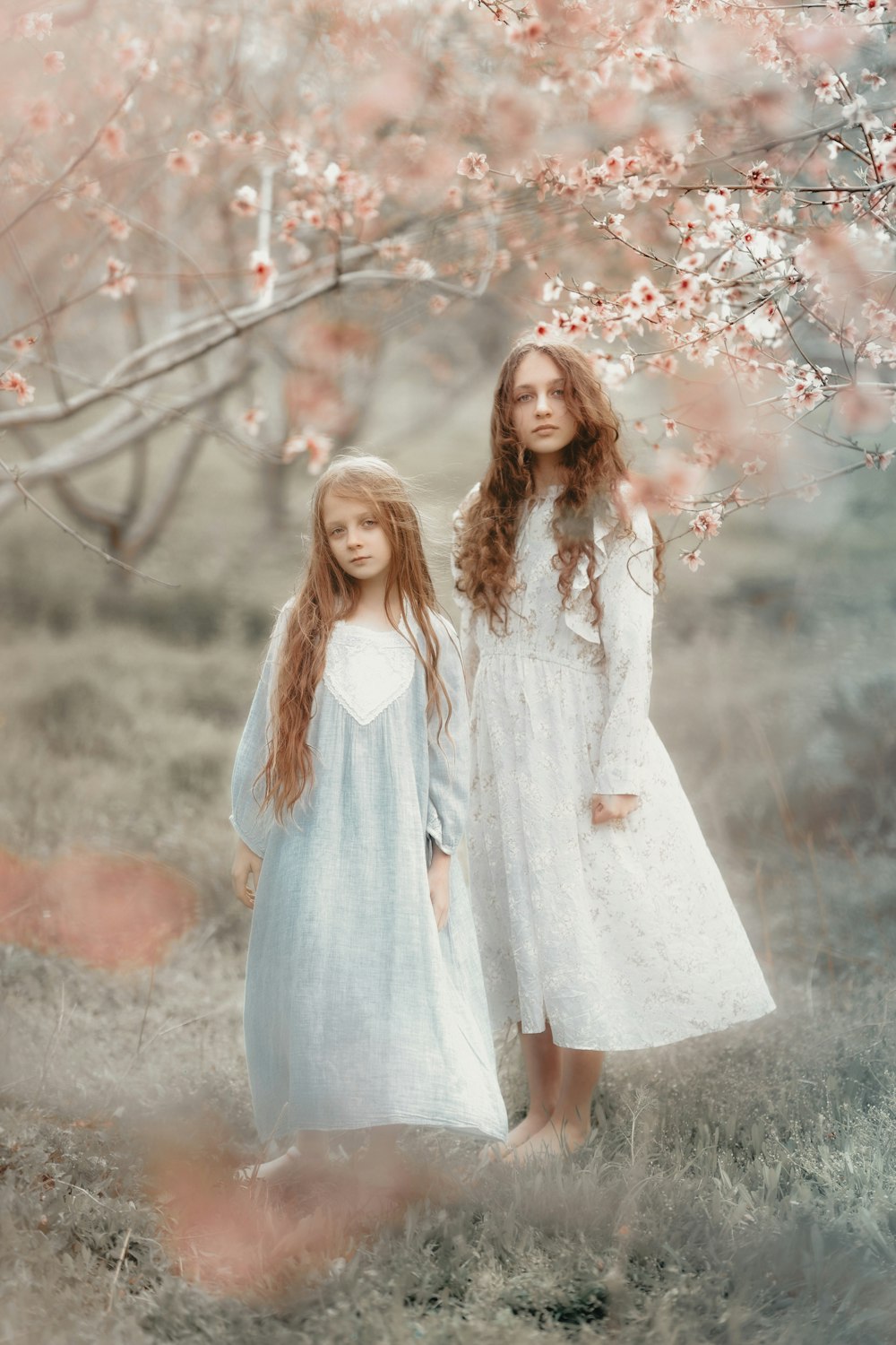 two young girls standing in front of a tree