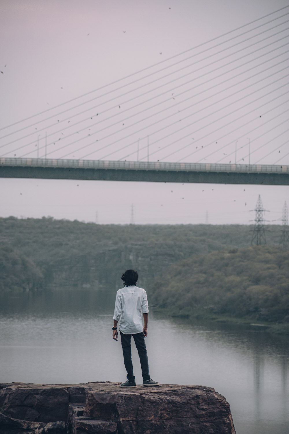 a man standing on a rock looking at a bridge