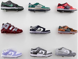 An assortment of colorful sneakers arranged artistically.