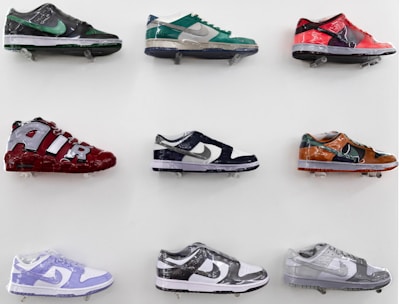 Colorful New Balance sneakers arranged in a row.