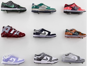 Close-up of colorful sneakers arranged on a table.