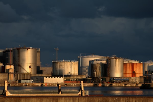 Oil refinery complex beside a waterway