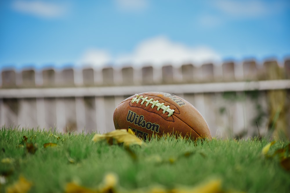 a football laying in the grass with a fence in the background