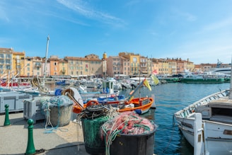 A vibrant photo of the fishing boats docked in Stöðvarfjörður harbor at sunrise, with colorful houses lining the shore.