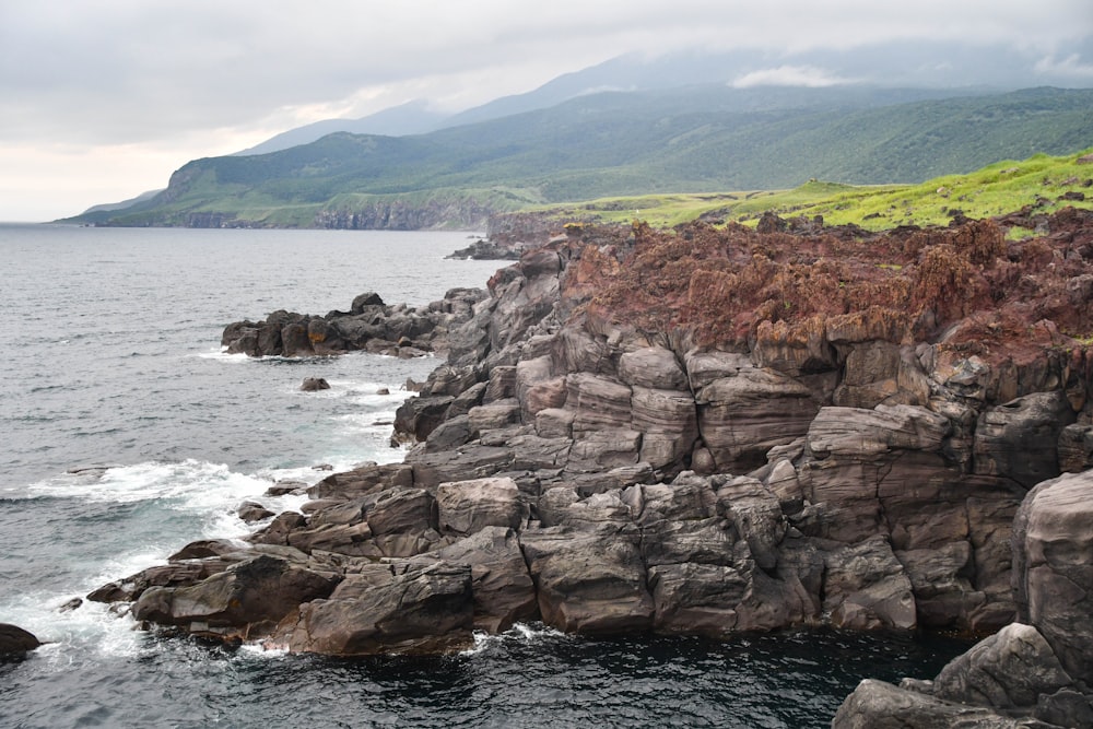 a rocky coast with a body of water and mountains in the background