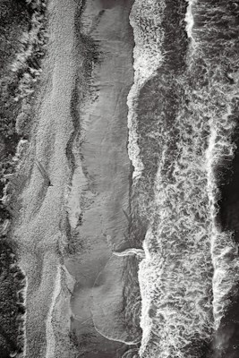 Aerial view of a shoreline featuring waves rhythmically crashing onto the sand. The textures of the water, sand, and vegetation create a visually intricate landscape. The image is monochromatic, emphasizing the contrast between the dark and light areas.