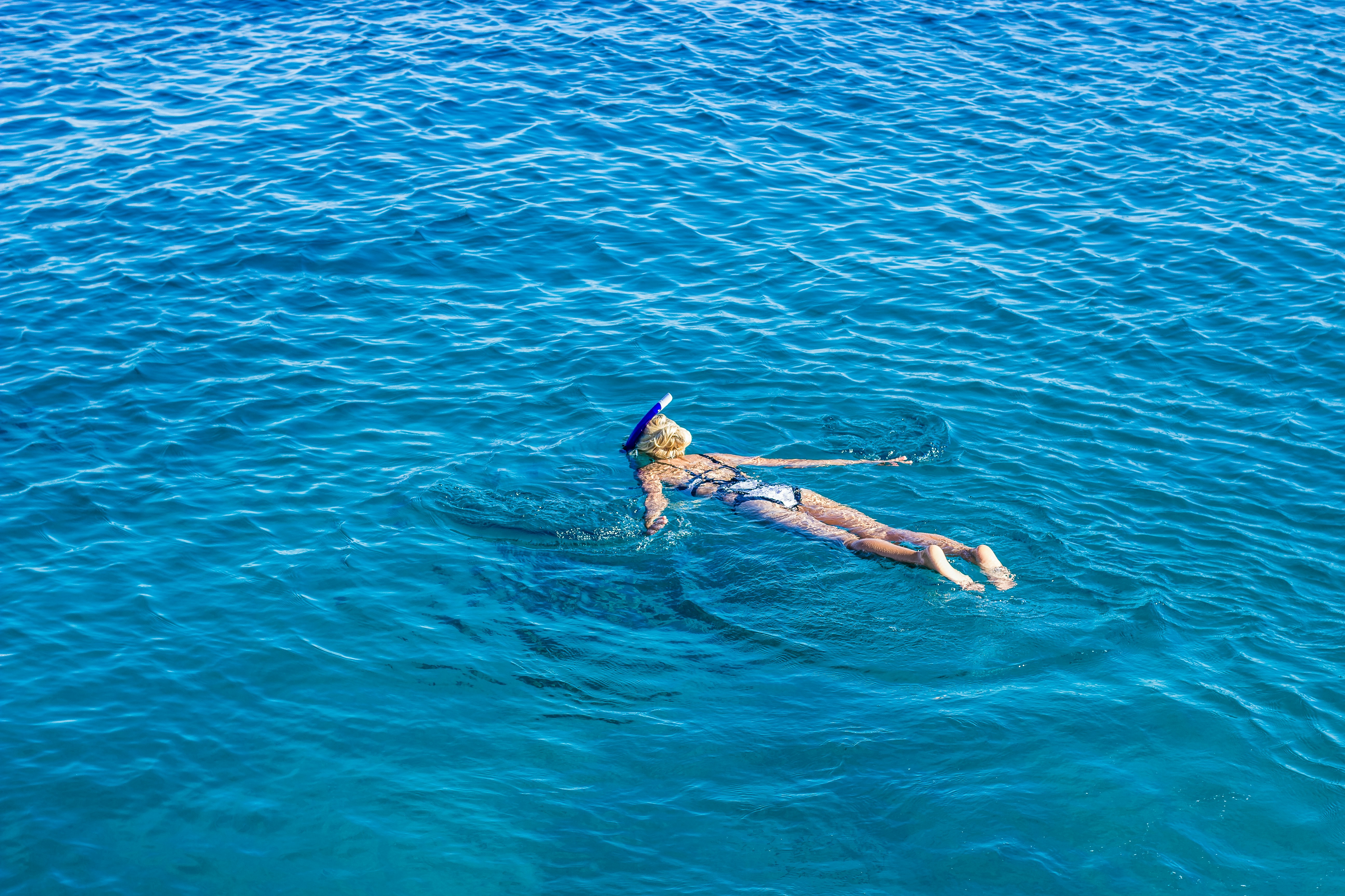 top view swimming woman in Red sea warm south waters in summer vacation time top view scenic nature wallpaper concept with empty copy space for your text here